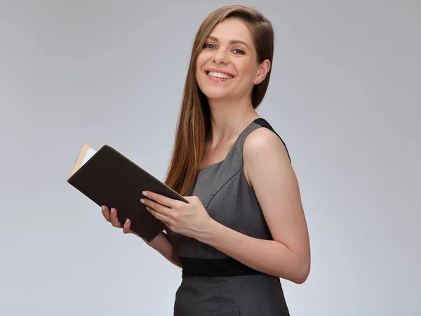 Smiling Teacher Student Woman Gray Business Dress Standing Sideways Open — Stock Photo, Image