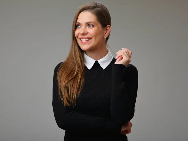 Glimlachende Leraar Vrouw Zwart Pak Met Witte Kraag Weg Kijken — Stockfoto