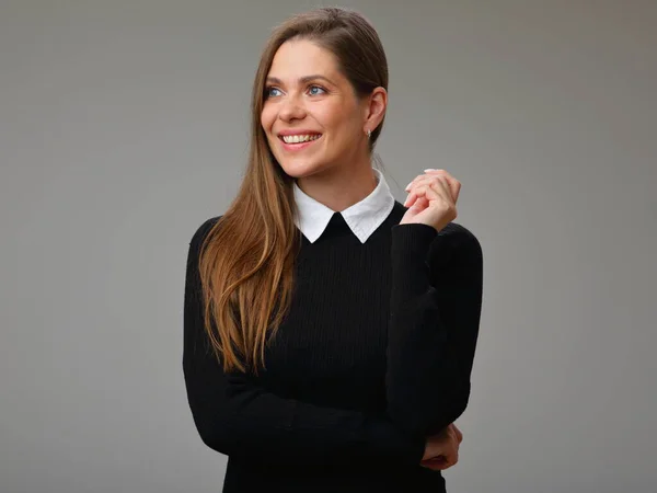 Professora Sorridente Mulher Terno Preto Com Colarinho Branco Olhando Para — Fotografia de Stock