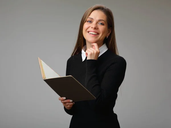 Gelukkig Vrouw Leraar Student Zwart Business Pak Holding Boek Geïsoleerd — Stockfoto