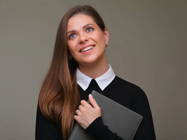 Smiling Happy Woman Teacher Black Business Suit White Collar Holding — Stock Photo, Image