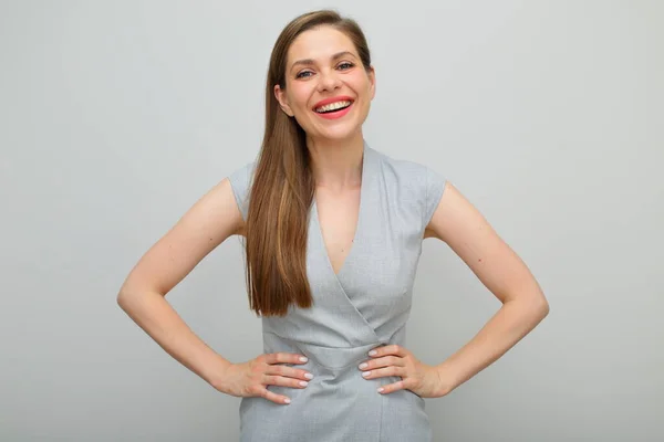 Feliz Sonriente Mujer Negocios Con Pelo Largo Mantiene Las Manos —  Fotos de Stock