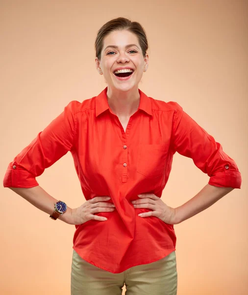 Retrato Aislado Mujer Negocios Feliz Con Las Manos Cintura —  Fotos de Stock