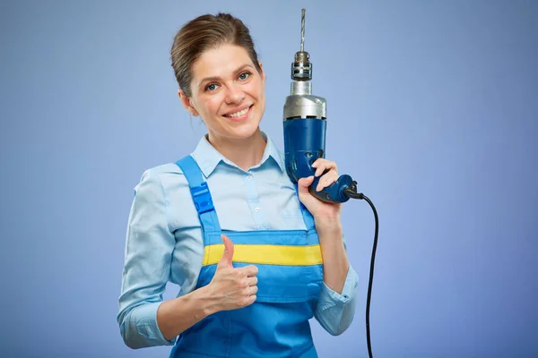 Woman Drill Blue Overalls Shows Thumb Isolated Female Portrait — Stock Photo, Image