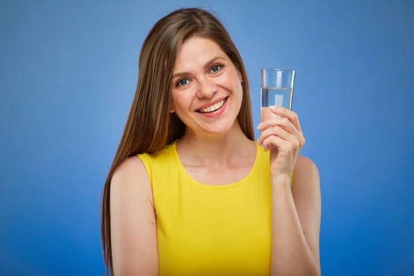 Woman Holding Water Glass Isolated Female Portrait Blue Background — Stock Photo, Image