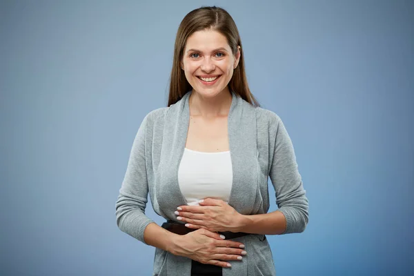 Smiling Happy Woman Hands Stomach Isolated Portrait — Stock Photo, Image