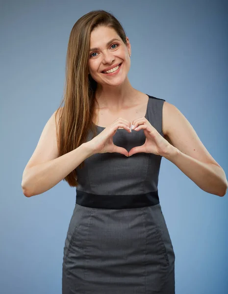 Smiling Woman Making Heart Shape Her Hands Isolated Portrait — Stock Photo, Image