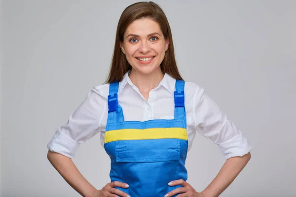 Vrouw Blauw Overall Uniform Wit Shirt Hard Werken Stijl Portret — Stockfoto