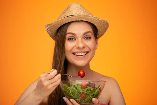 Smiling Woman Bare Shoulders Wearing Mexican Hat Eating Tomato Fork — Stock Photo, Image