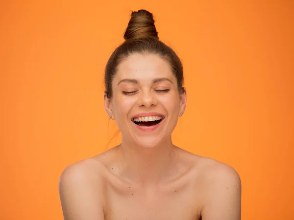 Happy Laughing Woman Closed Eyes Isolated Portrait Orange Back Happy — Stock Photo, Image