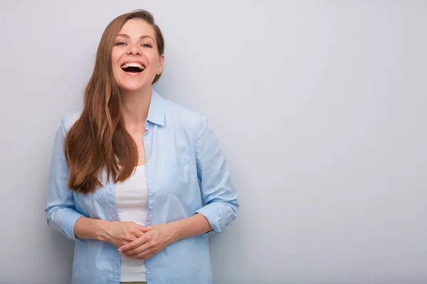 Mujer Feliz Retrato Aislado Con Las Manos Dobladas Boca Abierta — Foto de Stock