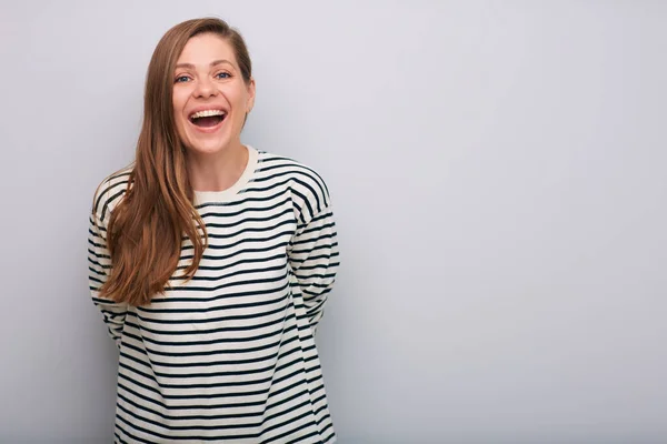Feliz Rindo Isolado Mulher Retrato Camisa Listrada — Fotografia de Stock
