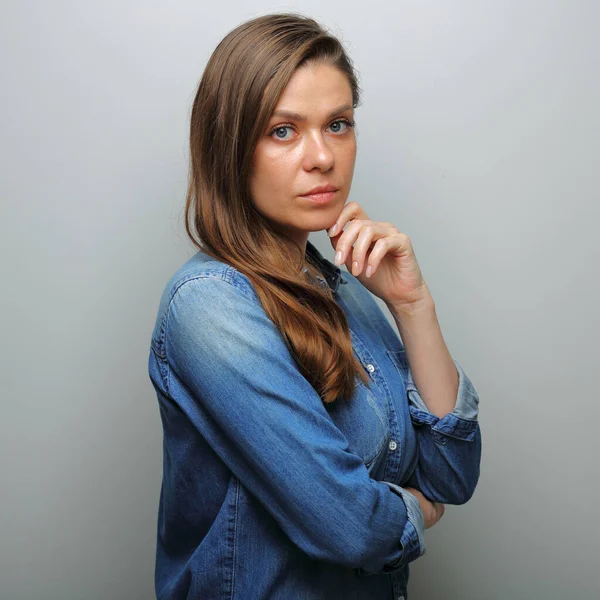 Serious Woman Blue Casual Denim Shirt Isolated Female Portrait — Stock Photo, Image