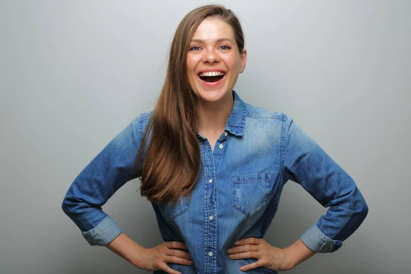 Emotional Laughing Woman Isolated Portrait Gray Wall Background Wide Smile — Stock Photo, Image