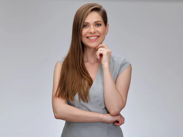 Smiling Thinking Business Woman Touching Her Chin Looking Camera Isolated — Stock Photo, Image