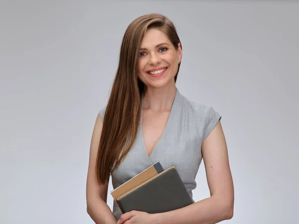 Smiling Teacher Woman Student Standing Books Isolated Gray Background — Stock Photo, Image