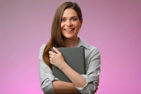 Mujer Feliz Maestra Estudiante Sosteniendo Libro Frente Retrato Femenino Aislado — Foto de Stock