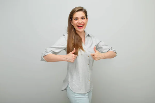 Smiling Woman Doing Thumbs Two Hands Isolated Female Portrait Young — Stock Photo, Image