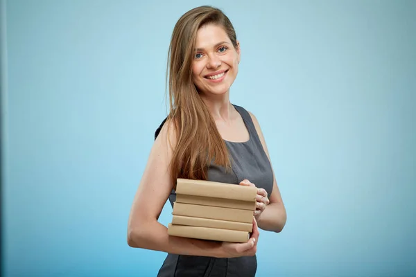 Smiling Happy Woman Gray Business Dress Holding Books Stack Isolated — Stock Photo, Image