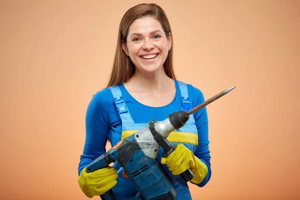 Smiling Woman Blue Overalls Punch Machine Isolated Portrait Female Hard — Stock Photo, Image