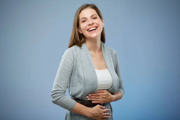 Glimlachende Gelukkige Vrouw Met Handen Maag Geïsoleerd Portret — Stockfoto