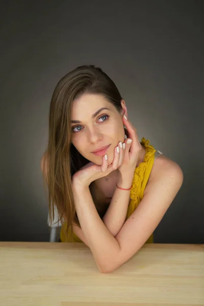 Young Woman Sitting Looking Side Leaning Hand Female Portrait — Stock Photo, Image