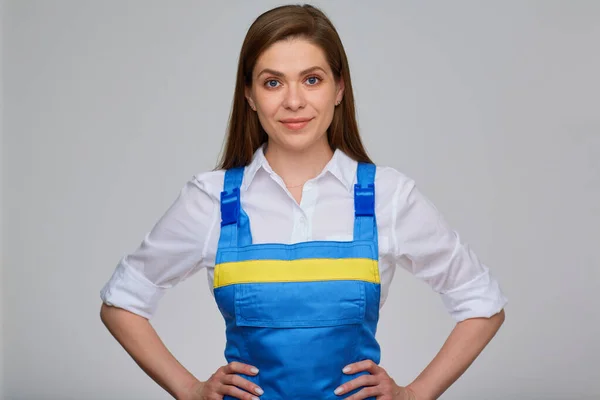 Vrouw Blauw Overall Uniform Wit Shirt Hard Werken Stijl Portret — Stockfoto