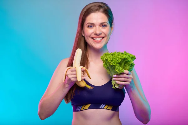 Vitamin Och Hälsosam Mat Koncept Med Leende Sportig Kvinna Håller — Stockfoto