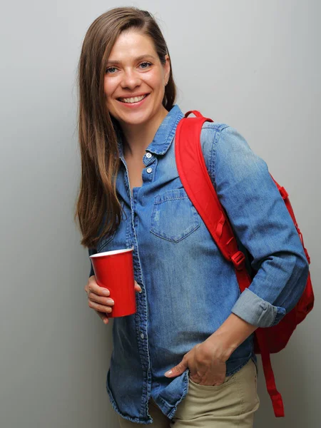 Young Student Woman Red Backpack Big Coffee Glass Isolated Female — Stock Photo, Image