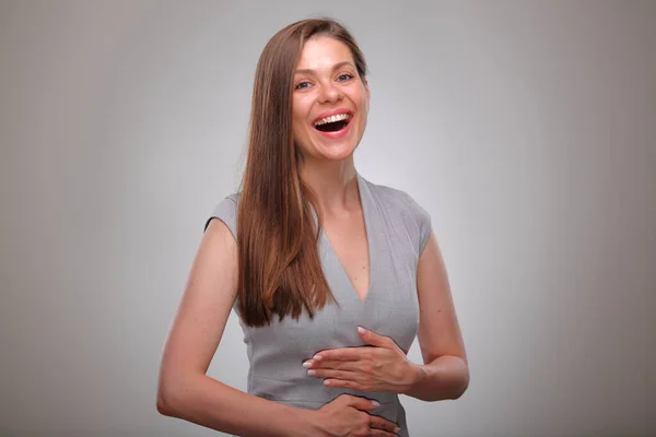 Mujer Período Retrato Aislado Persona Negocios Sonriente Con Mano Estómago —  Fotos de Stock