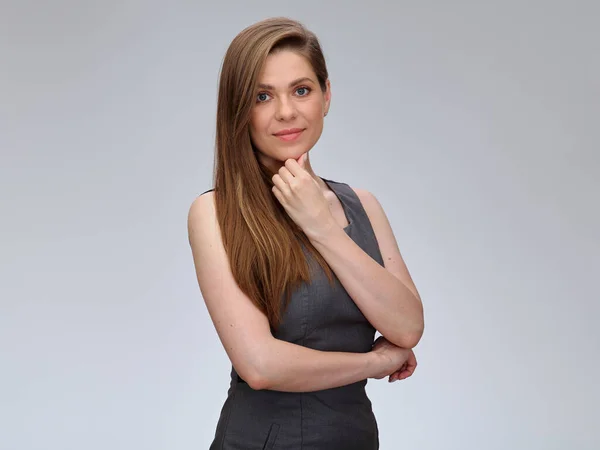 Mujer Sonriente Vestido Gris Tocándose Barbilla Retrato Aislado —  Fotos de Stock