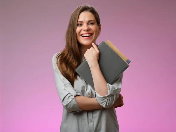Šťastná Učitelka Nebo Studentka Držící Knihu Izolovaný Portrét Emocionální Žena Stock Obrázky