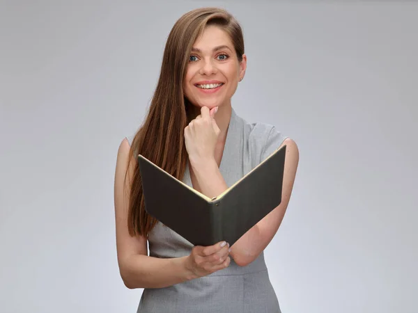 Lachende Leraar Zakenvrouw Student Die Met Open Boek Staat Haar — Stockfoto
