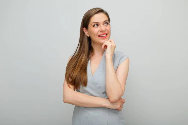 Mujer Sonriente Sonriente Tocándose Cara Mirando Hacia Otro Lado Vestido —  Fotos de Stock