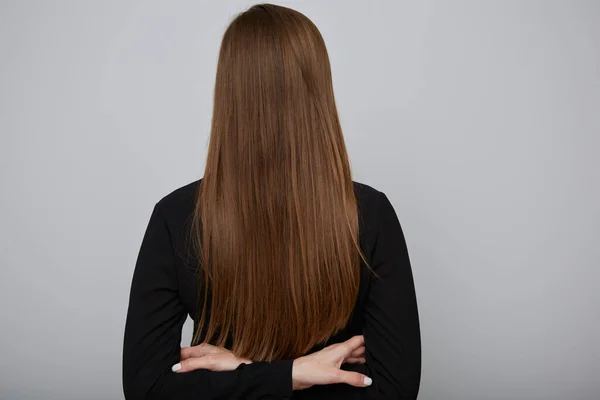 Back Woman Long Hair Crossed Arms Girl Black Shirt Isolated — Stock Photo, Image