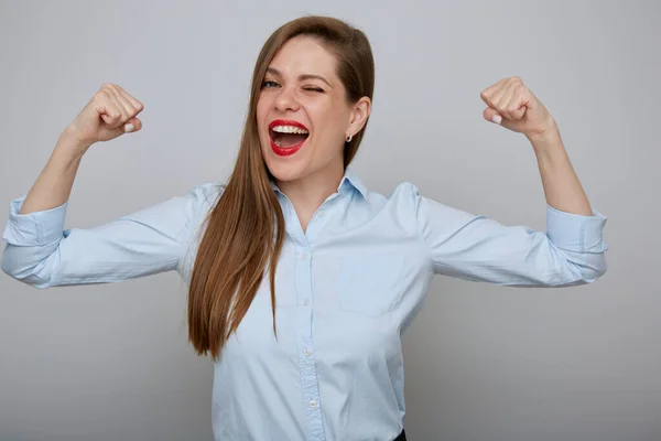 Concepto Poder Mujer Con Feliz Mujer Negocios Emocional Doblando Sus —  Fotos de Stock