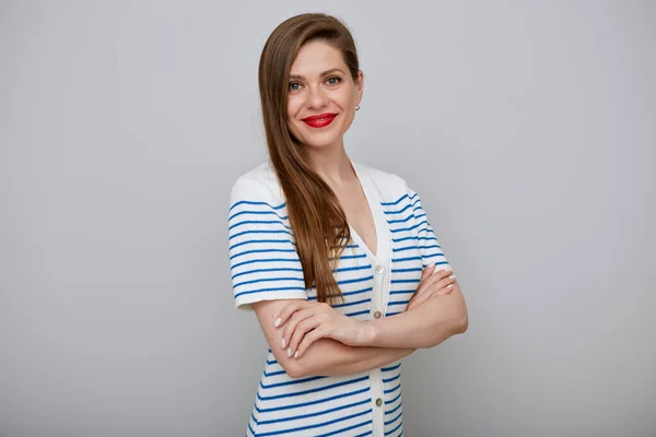 Retrato Isolado Mulher Sorridente Menina Vestido Branco Com Listras Azuis — Fotografia de Stock