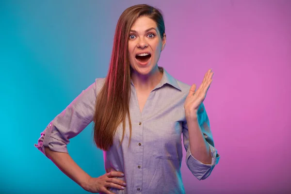 Amazed Woman Hand Face Mouth Open Portrait Neon Lights Businesswoman — Stock Photo, Image