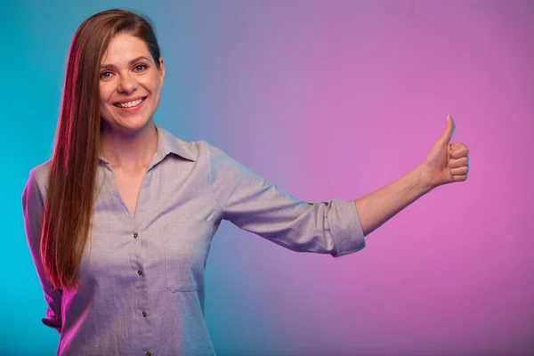 Geschäftsfrau Mit Erhobenem Daumen Porträt Mit Neonlicht Weibliches Modell Isoliert — Stockfoto