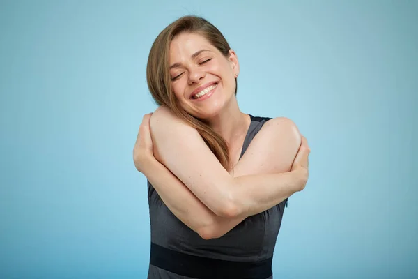 Smiling Woman Closed Eyes Feel Comfort Isolated Female Portrait Girl — Stock Photo, Image