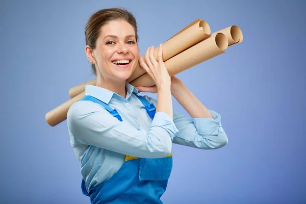 Woman Architect Student Blue Overalls Holding Paper Blueprint Shoulder Isolated — Stock Photo, Image