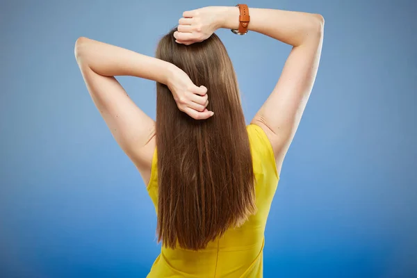 Woman Yellow Casual Dress Standing Back Long Hair Hands Isolated — Stock Photo, Image