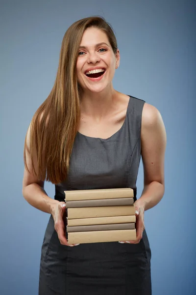 Glimlachende Vrouw Leraar Student Meisje Met Boeken Stapel Geïsoleerd Portret — Stockfoto
