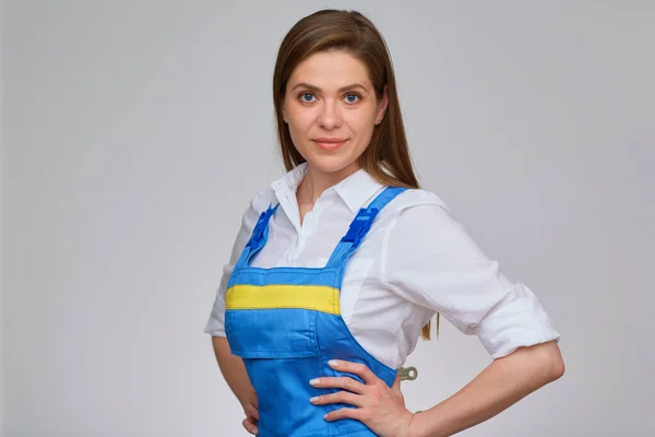 Vrouw Blauw Overall Uniform Wit Shirt Hard Werken Stijl Portret — Stockfoto