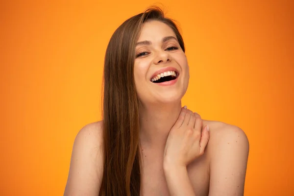 Laughing Woman Long Hair Bare Shoulders Touching Her Neck Isolated — Stock Photo, Image