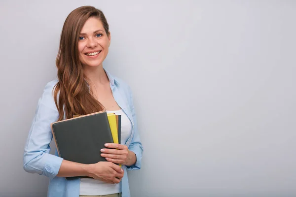 Happy Smiling Woman Teacher Student Holding Book Isolated Portrait Blue — Stock Photo, Image