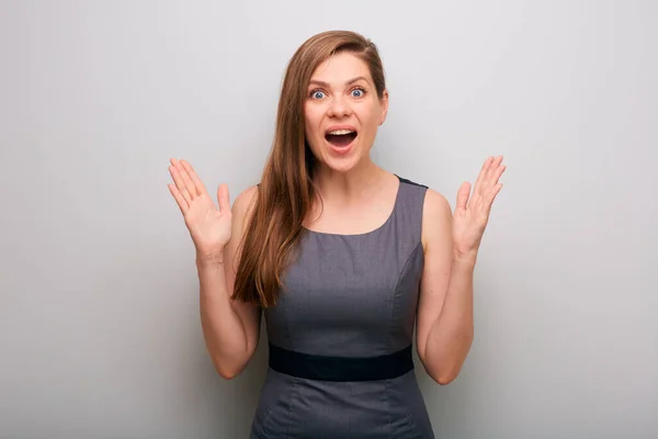 Amazed Business Woman Dress Gesture Hands Isolated Female Business Person — Stock Photo, Image