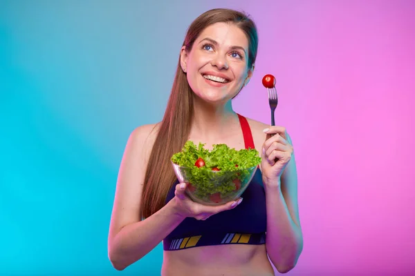 Soñando Sonriente Mujer Pensante Ropa Deportiva Ensalada Verde Tazón Cristal — Foto de Stock