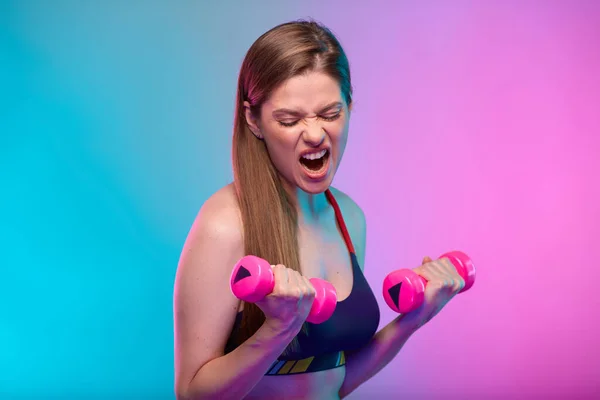 Mais Poder Com Mulher Desportiva Fazendo Exercício Com Halteres Retrato — Fotografia de Stock