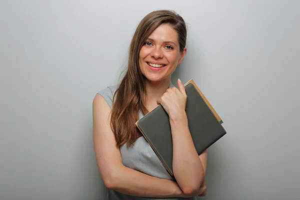 Profesora Sonriente Estudiante Con Libro Trabajo Retrato Aislado Femenino —  Fotos de Stock